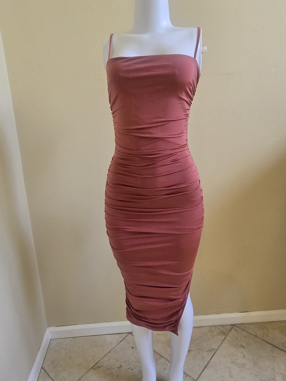 Brand New! Ruched Bodycon Midi Dress in Dusty Rose